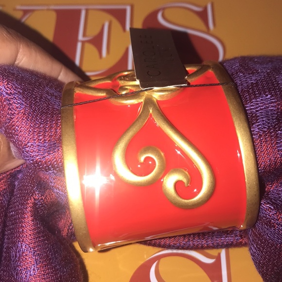 New Scarlet Red Open Cuff Bracelet Gem Center Gold Tone Scrolls By Carolee Lux - Picture 8 of 13